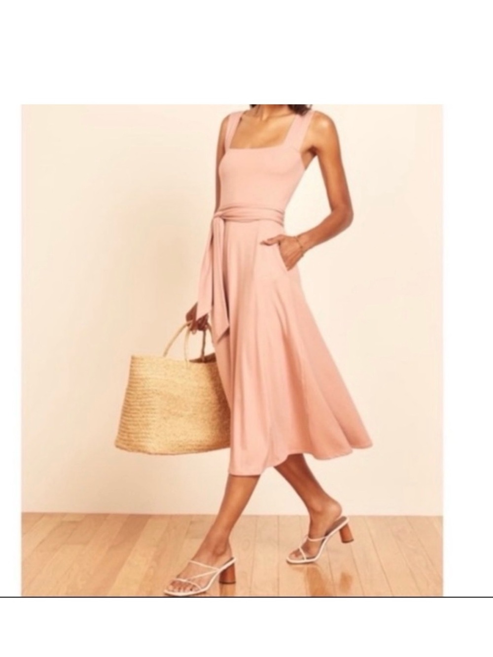 Reformation Blush Pink Square-Neck Midi Dress with Self-Tie Waist.